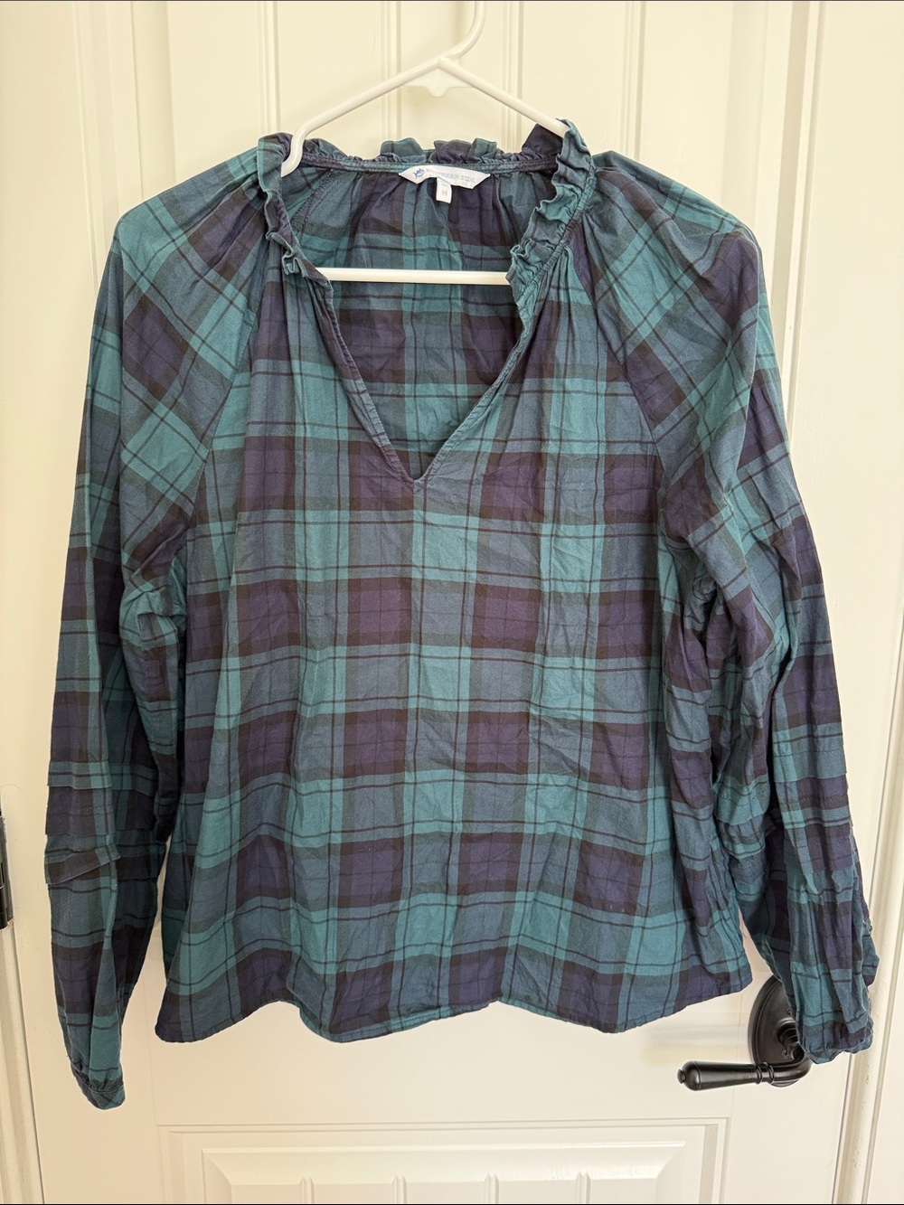 Southern Tide Teal & Navy Plaid Ruffle-Neck Blouse